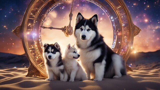 husky dog in the sand highly intricately detailed photograph of  Puppy and adult malamute dogs against white clock