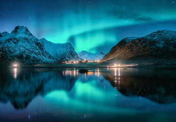 Aurora borealis, snowy mountains, sea, fjord, reflection in water, street lights at starry winter night. Lofoten, Norway. Northern lights. Landscape with polar lights, snowy rocks, sky with stars - obrazy, fototapety, plakaty