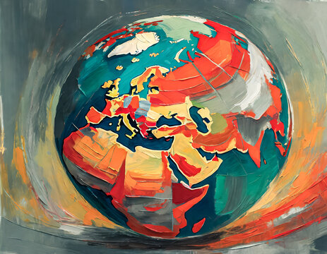 Globe de la Terre avec vue centrée sur l'Europe et l'Asie avec effet peinture à l’huile