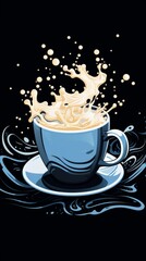 Splash of milk in a cup on black background, illustration