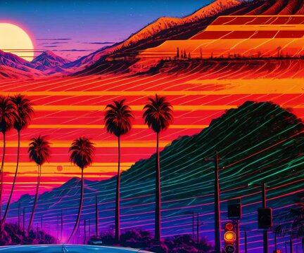 synthwave sunset scenery, a supercar driving down the road on an orange sunset, waves, mountains, palm trees, miami, 80s, summer vibes, golden times, website banner, medium banner. Generative AI