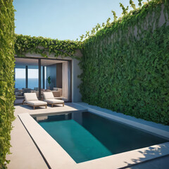 Outdoor patio and small pool in a modern residential building in the evening with lighting and ocean view, hyper-realistic concept of sustainable lifestyle, ecology and ocean recreation,