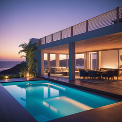 Fototapeta premium Outdoor patio and small pool in a modern residential building in the evening with lighting and ocean view, hyper-realistic concept of sustainable lifestyle, ecology and ocean recreation,