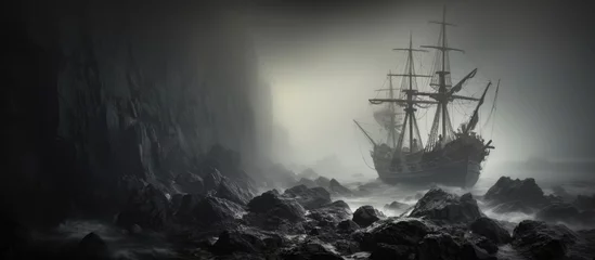 Fotobehang Shipwreck amidst fog and rocks. © TheWaterMeloonProjec