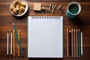 Precise shot of a lined paper notepad surrounded by sharpened pencils and a sharpener nearby
