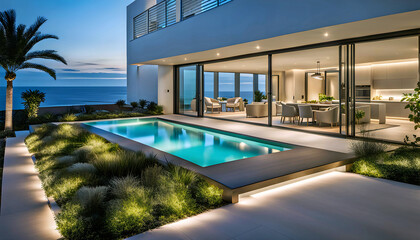 Outdoor patio and small pool in a modern residential building in the evening with lighting and ocean view, hyper-realistic concept of sustainable lifestyle, ecology and ocean recreation,