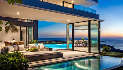 Fototapeta premium Outdoor patio and small pool in a modern residential building in the evening with lighting and ocean view, hyper-realistic concept of sustainable lifestyle, ecology and ocean recreation,