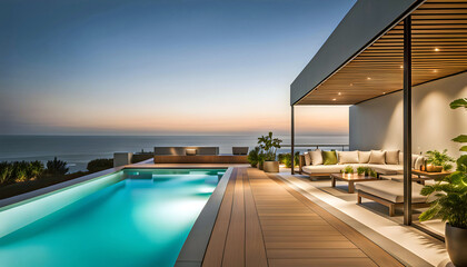 Fototapeta premium Outdoor patio and small pool in a modern residential building in the evening with lighting and ocean view, hyper-realistic concept of sustainable lifestyle, ecology and ocean recreation,