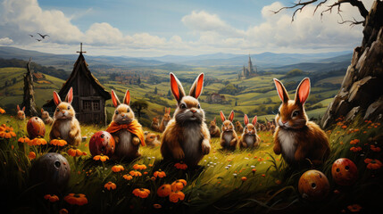 Group of easter rabbits in the valley  - obrazy, fototapety, plakaty