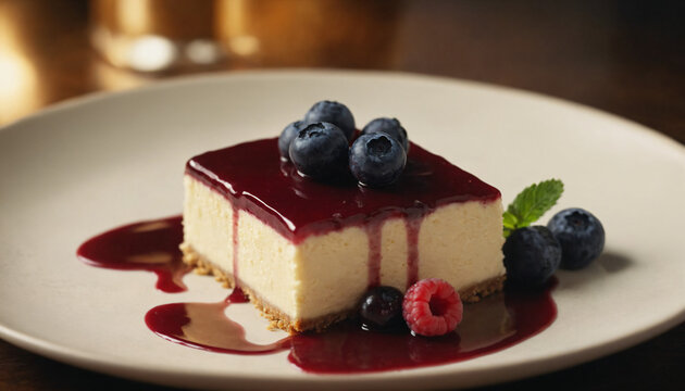 The image captures a well-composed dessert featuring a slice of cheesecake with a luscious berry glaze on top. A small cluster of ripe blueberries sits atop the glaze.
