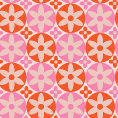 Retro Flowers on Mid century modern pink and orange circles seamless pattern. For home décor, textile and wallpaper