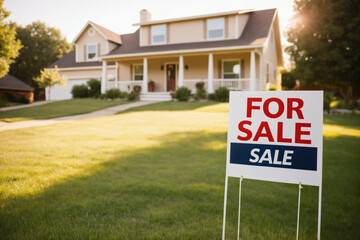 Home For Sale Real Estate Sign in Front of New House. Copy Space for contact details or phone number.