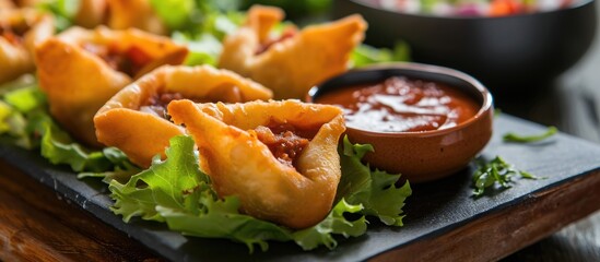 Traditional Mexican appetizer made with fried corn dough, beans, sauce, lettuce, cheese, onion, and chicken.