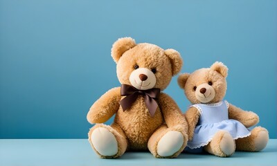 Obraz premium Two cute brown teddy bears on blue background. Copy space. Valentine's Day, birthday, or baby shower greeting card 