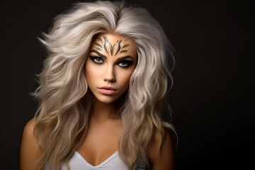Fototapeta premium Lion-themed Halloween makeup on young woman.