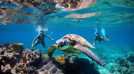 Foto op Canvas Men snorkeling in crystal clear water with a turtle © Eomer2010