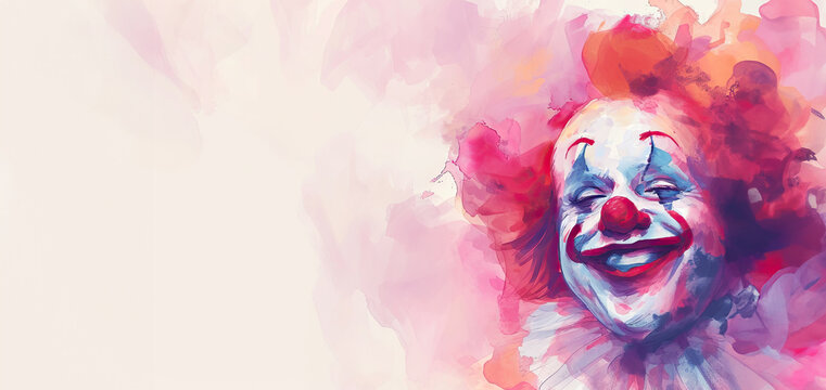 Abstract colorful illustration of a smiling clown with vibrant watercolor splashes blending into a white background, depicting joy and playfulness in a creative format. Banner with copy space.