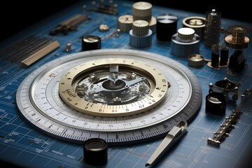 Precision shot of a protractor and compass on graph paper, showcasing mathematical tools