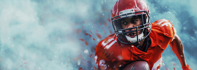 Focused American football player in red uniform running with the ball during the game in a dynamic, intense atmosphere under bright stadium lights. Banner with copy space.