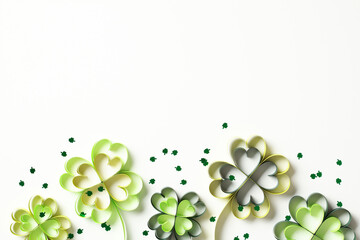 Four leaf clover and confetti on white background. St Patricks Day greeting card design.