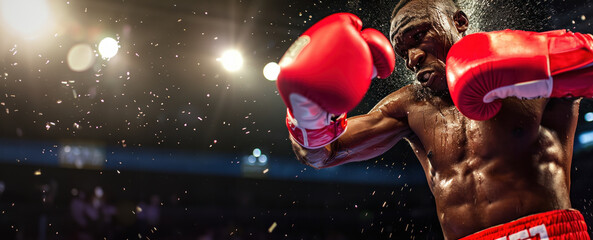 A dynamic close-up of a male boxer at the moment of impact with sweat droplets flying, showcasing athleticism, strength, and the intensity of boxing. Banner with copy space. - obrazy, fototapety, plakaty