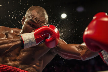 Intense boxing match captured with one fighter delivering a powerful punch, showing determination, athleticism, and the dynamic nature of competitive sports. - obrazy, fototapety, plakaty