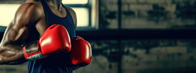 Close-up of a boxer with red gloves, toned muscles, ready to fight. Sweat glistens on his skin in a dimly lit gym. - obrazy, fototapety, plakaty