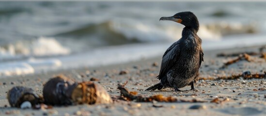 Sea sand with deceased cormorant and sea in background.
