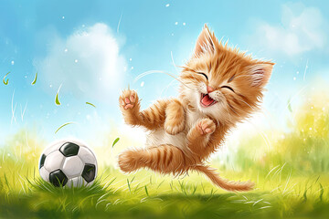 Fototapeta premium Illustration of joyful kitten playing soccer on vibrant green grass under a clear blue sky, exhibiting happiness and playful energy in a fantasy setting.