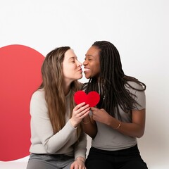 Mixed Couple of Lesbians Kissing. African American Black Skin Woman and White Skin Caucasian Woman In Love.