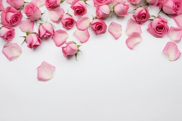 Decorative web banner. Pink rose petals on white background for copy space. Free space for text. top view
