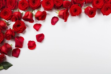 Decorative web banner. Closeup of floral composition of red roses and red rose petals on white background. Free space for text. Top view