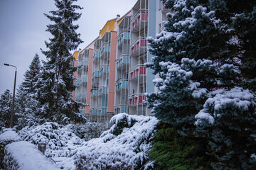 Apartment building in a provincial German town in winter day.