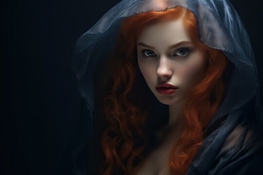 Gothic red-haired witch in medieval dress with vampire girl.