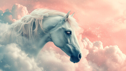 Obraz na płótnie Canvas A beautiful dreaming horse gazes with mane blending with a fluffy clouds against a soft pink sky