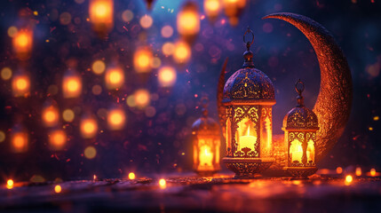 Fototapeta na wymiar Ornamental Arabic lantern with burning candle glowing at night. Festive greeting card, invitation for Muslim holy month Ramadan Kareem.
