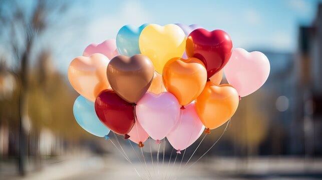 A bunch of heart shaped balloons. AI generate illustration