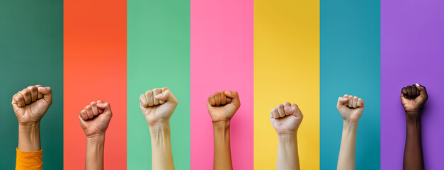 International Women's day concept - collage of diverse female fists on colorful solid color background