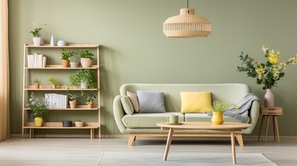 Scandinavian living room with stylish sofa, chair, and bookshelf against limitless color walls.