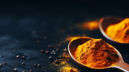 Turmeric powder spoon on black stone surfaceCopy space banner for food and spice concepts. - obrazy, fototapety, plakaty