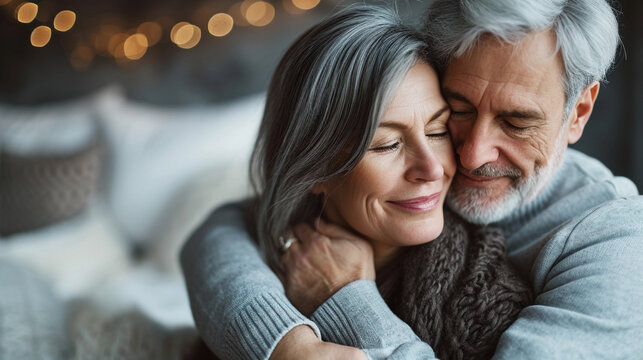 Happy Affectionate Mature Adult Husband Embracing, Kissing Wife, Enjoying Tender Moment of Love and Care. Mid Age 50s Romantic Grey-Haired Married Couple Bonding Together, Hugging at Home. Close Up