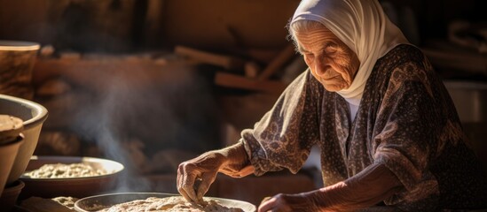 Elderly Arab woman cooking traditional Bedouin cuisine, preparing fresh dough for flatbread. - obrazy, fototapety, plakaty