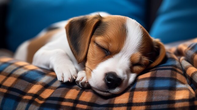 Cute dog sleeping comfortably on sofa with blank space for text on top left side of image