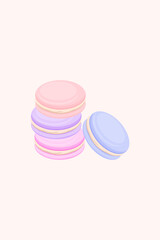 Four colorful macaron. Pink, lilac, blue, peach sweet macaron. Poster, flyer, banner for pastry shop