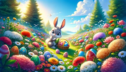 Magical Easter Bunny Hiding Eggs in a Spring Meadow Cartoon - obrazy, fototapety, plakaty