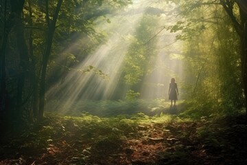 A silhouette of a woman stands in a mystical forest, bathed in ethereal sunlight filtering through the dense foliage.