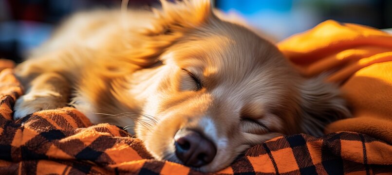 Cute dog sleeping comfortably on sofa with ample space for text on left top side of image