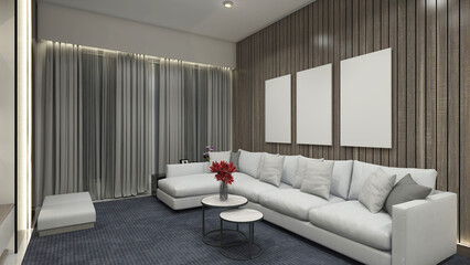 Modern Living Room Design with Sofa Bed and Wooden Wall Background Decoration