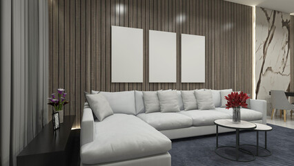 Suite Interior Living Room Design with Luxury Sofa and Wooden Panel Background