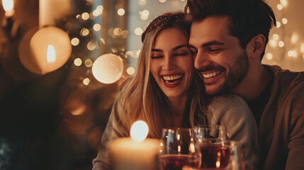 Obraz na płótnie Canvas Happy Young Couple in Love Hugging, Laughing, Drinking Wine, Enjoying Talking, Having Fun Together Celebrating Valentine's Day Dining at Home. Having a Romantic Dinner Date with Candles, Sitting at a 